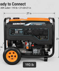 8000 Watt Gas Or Propane Dual Fuel Portable Generator with electric start, side view with dimensions and outlets visible