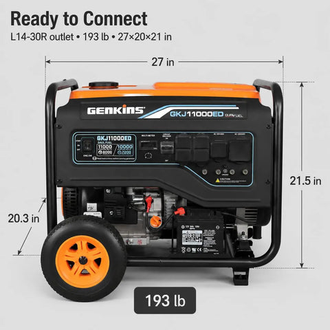 8000 Watt Gas Or Propane Dual Fuel Portable Generator with electric start, side view with dimensions and outlets visible