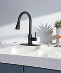 Hella Sweet Matte Black Kitchen Faucet With Single Handle And Buttery Pull Down Sprayer Solid Stainless Steel displayed on a kitchen sink.