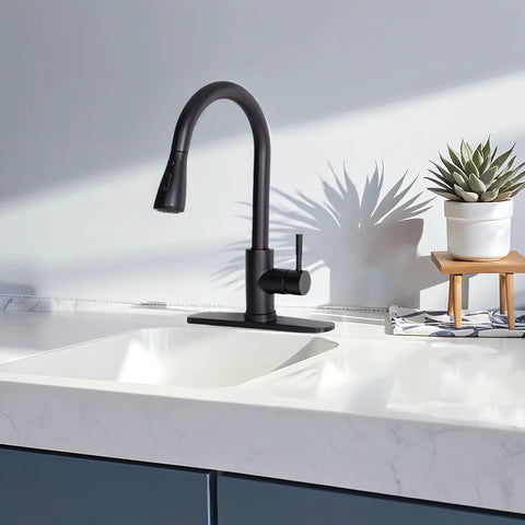 Hella Sweet Matte Black Kitchen Faucet With Single Handle And Buttery Pull Down Sprayer Solid Stainless Steel displayed on a kitchen sink.