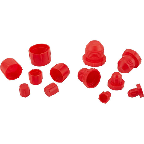 Red caps and plugs from Must Have Pro Grade Aluminum AN Fitting Wrench Set With 72 Piece Cap And Plug Kit Includes AN3 Through AN20 Wrenches