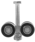 Heavy Duty Double Bearing Sliding Door Pulley Kit Built Tough To Roll Like Butter On Any Barn Door Track Or Closet Setup With Premium Stainless Steel Caster Wheels showing dual stainless steel rollers with bolts.
