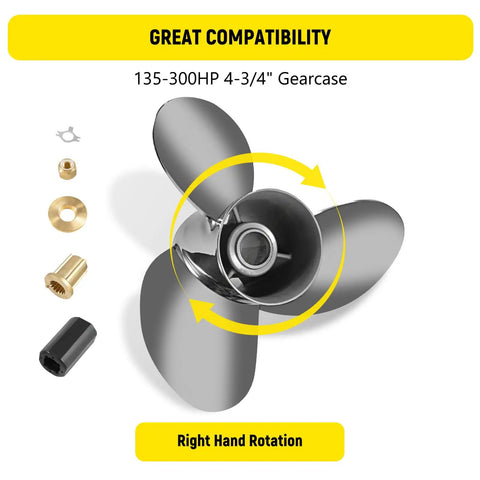 Stainless Steel Outboard Propeller 14.5 Inch Diameter 19 Pitch For Mercury 135-300HP And Mercruiser Alpha One Right Hand Rotation 15