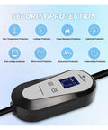 Portable EV Charger With 16 Amp And 32 Amp Super Fast Juice Delivery features security protection icons on a blue background.