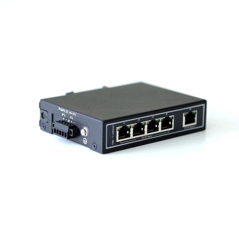 Unmanaged 5-Port PoE Industrial Ethernet Switch With 4 PoE Ports, 10/100Mbps, black metal housing, rear view