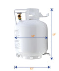 Backyard-Ready 20-Pound Horizontal Steel Propane Tank Cylinder With Type 1 OPD Valve And Built-In Gauge For Fire Tables Fire Pits Patio Heaters Barbecues RVs And Truck Campers showing side view with dimensions