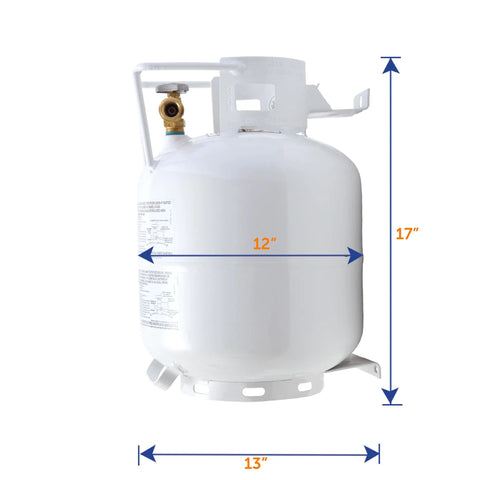 Backyard-Ready 20-Pound Horizontal Steel Propane Tank Cylinder With Type 1 OPD Valve And Built-In Gauge For Fire Tables Fire Pits Patio Heaters Barbecues RVs And Truck Campers showing side view with dimensions