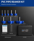 8 Piece PVC Pipe Reamer Kit With Four Sided Carbide Blades Fitting Saver Socket Tool shown with sizes and toolbox