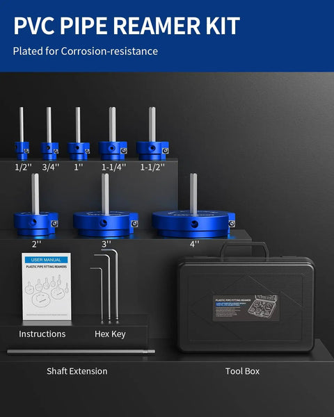 8 Piece PVC Pipe Reamer Kit With Four Sided Carbide Blades Fitting Saver Socket Tool shown with sizes and toolbox