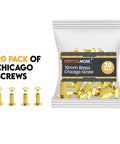 20 Pack Of Chicago Screw Posts With 10mm Brass Plated Finish, ideal for scrapbooking and leather craft, displayed in packaging.