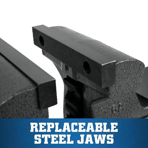 6 Inch Jaw Bench Vise Workhorse With 360 Degree Swivel Base And Double Lockdowns Replaceable Hardened Steel Top And Pipe Jaws Large Anvil Work Surface Powder Coat Finish Heavy Duty 30000 PSI Gray Cast Iron Bench Vise For Home Shop replaceable steel jaws close-up