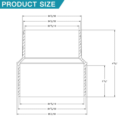 Essential 5 In To 4 In Hose Reducer Adapter dimensions diagram showing sizes for proper fitting in dust collection systems.