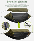 4 In 1 Camping Hammock Tent With Mosquito Net And Removable Sunshade, olive color, showing attached poles and straps detail