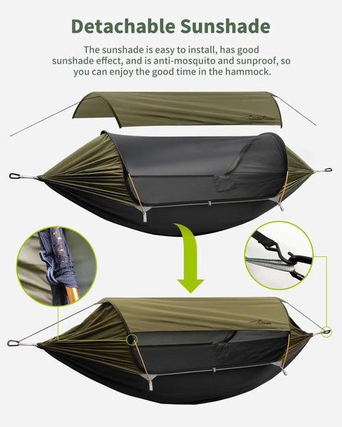 4 In 1 Camping Hammock Tent With Mosquito Net And Removable Sunshade, olive color, showing attached poles and straps detail