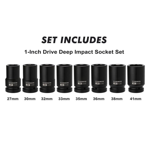 One-Inch Drive Deep Impact Socket Set for Wheel Nuts, 6-Point Metric Sockets, CR-MO Steel, showing 8 sizes from 27mm to 41mm