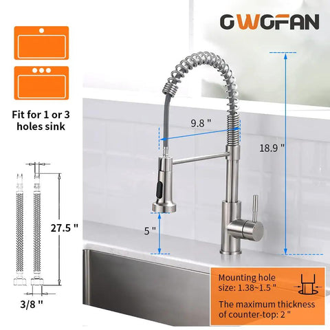 Low Lead Commercial Kitchen Faucet With Solid Brass Construction, Single Handle Pull Out Sprayer, Brushed Nickel Finish