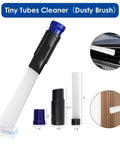 Tiny Tubes Cleaner from the 11 Pc Universal Vacuum Attachments Kit For Wet Dry Vac Accessories With Brush Attachments Flexible Crevice Tool And Hose Adapters For One Inch To Two Inch Hoses, showing brush, attachments, and uses.