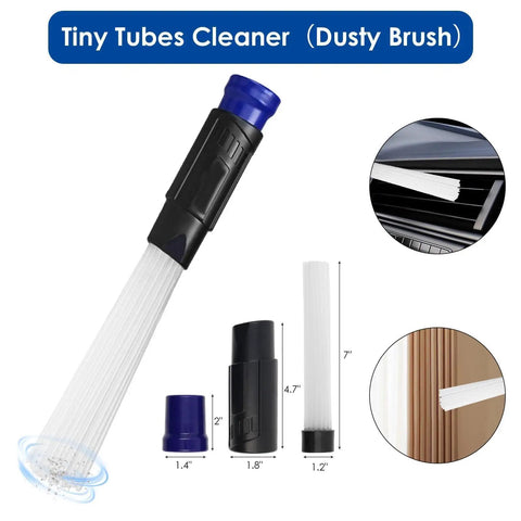 Tiny Tubes Cleaner from the 11 Pc Universal Vacuum Attachments Kit For Wet Dry Vac Accessories With Brush Attachments Flexible Crevice Tool And Hose Adapters For One Inch To Two Inch Hoses, showing brush, attachments, and uses.