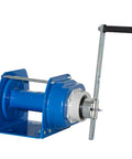 Heavy-Duty Hand Winch With Two-Way Self-Locking Brake And Adjustable Handle, blue steel construction, side view.