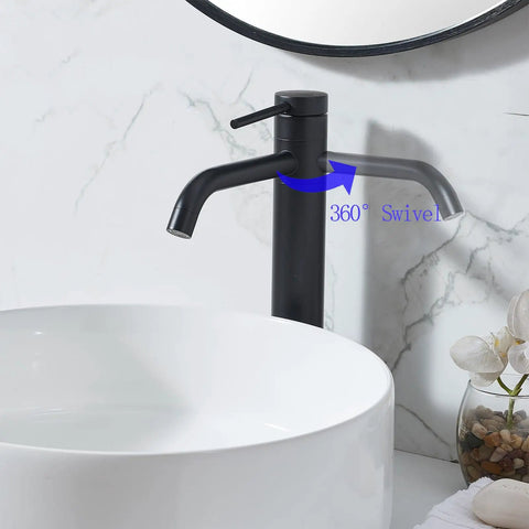 Go-To Matte Black Vessel Sink Faucet Tall And Sleek For 1 Hole Mount 360 Degree Swivel Single Handle Mixer Spout Stainless Steel Bathroom Faucet With Pop Up Drain shown with a 360 swivel spout over a white basin.