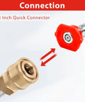 Side view of red 0-degree pressure washer nozzle with 1/4-in quick-connect and brass adapter
