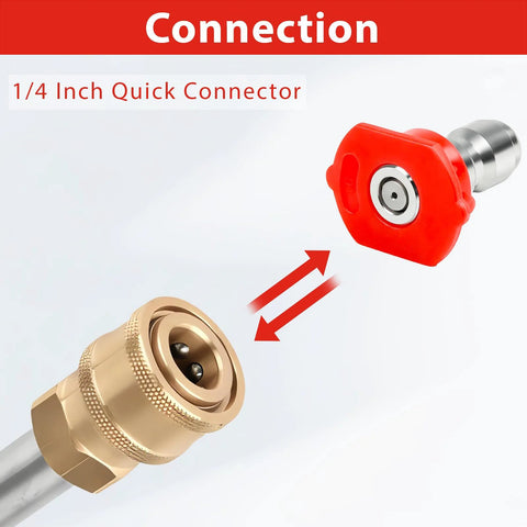 Side view of red 0-degree pressure washer nozzle with 1/4-in quick-connect and brass adapter