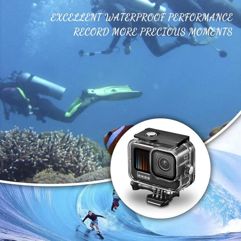Waterproof Action Camera Housing For 13 12 11 10 9, 196 Feet Deep Underwater Case With Anti Fog, Rugged Full Metal Frame displayed