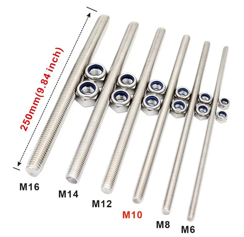 Heavy Duty M10x250 Full Threaded Rod Studs Forged From 304 Stainless Steel for Anchor Bolts, shown with nuts.