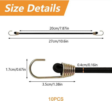 Elastic Bungee Cords With Metal Hooks 10 Pack Mini Rubber Straps size details and dimensions.
