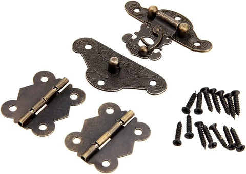 Old School Vibe Antique Retro Hasp Lock Buckle Eye Latch Set With Bronze Hardware, hinges, screws, and fittings