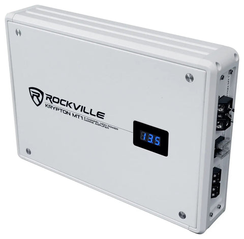 Krypton MT1 2 Channel Marine Amplifier With Volt Meter For Boats, 1600W Peak And 400W RMS, Waterproof Marine Grade Build, Rustproof Aluminum Chassis, Great For Subwoofers Or Full Range Speakers On The Water. White aluminum marine amplifier with blue volt meter