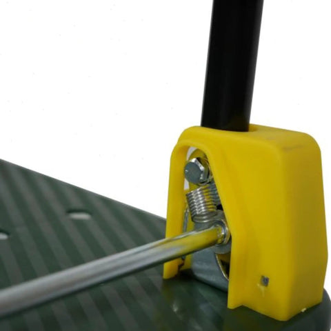 Close-up of the yellow hinge mechanism on the Tough As Nails Foldable Push Cart Dolly for enhanced durability.