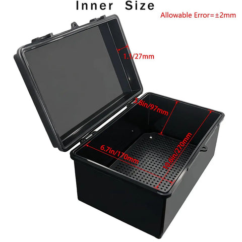 Killer IP67 Seal Rock Solid ABS Junction Box With Secure Hinged Black Lid, showing inner size dimensions, ideal for circuit boards.