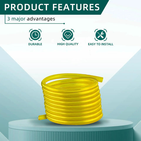 Four Size Small Engine Fuel Line Hose Kit coiled yellow tubing on display stand with product features highlighted