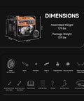 Diagram showing Dual Fuel Portable Generator 7500 Watts With Wheels Gas Or Propane Power 50A RV Ready CO Sensor and parts list.