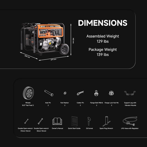 Diagram showing Dual Fuel Portable Generator 7500 Watts With Wheels Gas Or Propane Power 50A RV Ready CO Sensor and parts list.