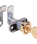 Professional Grade Universal Cam Lock Kit with brass key, adjustable mechanism, mounted with brackets for cabinet security.