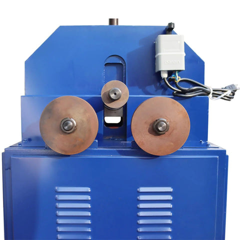 Pro Level Shop Ready Electric Pipe Bender And Tube Roller Machine With Comprehensive Die Setup For Snappy Curves On Square And Round Tubing Up To Three Inches, front view with rollers.