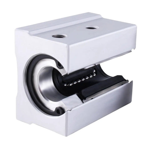 Close-up of a linear slide bearing showing internal structure. Part of set of four linear slide bearings for 3D printers with SBR12UU SBR16UU and SBR20UU lock type rails 12mm 16mm 20mm low friction steel for a smooth quiet ride and precise effortless sliding.