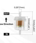One Quarter Inch Inline Fuel Filter 40 Micron Universal Pack Of 10 For Motorcycle Mini Bike Dirt Bike Moped ATV Scooter Go Kart Snow Blower Lawn Mower Small Engine Parts, showing dimensions and flow direction.