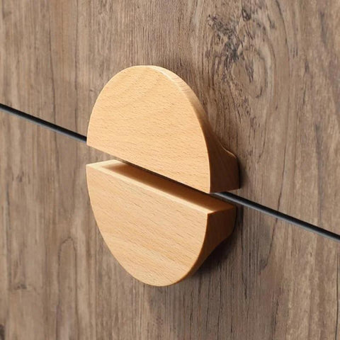 Four Pack Semicircle Wood Cabinet Handles Beechwood Solid Wood Vintage Hardware for kitchen cabinets drawers installed on wood surface