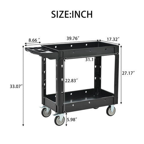 Heavy Duty Two Tier Rolling Utility Cart Built Like A Tank With Super Smooth Locking Casters Ergonomic Handle Supports Six Hundred Pounds Tough As Nails Design For Garage Storage And Daily Organization In Matte Dark Gray with dimensions