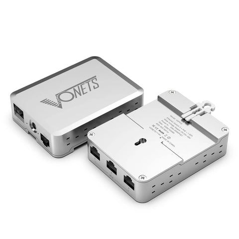 Dual view of Industrial PoE Gigabit Ethernet Switch with Five Ports, Plug and Play, rugged metal case, showing ports and mounting bracket