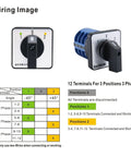 Front and side view of 32A 660V 3 Phase Rotary Changeover Switch With 12 Terminals 1-0-2 ON OFF ON Indexing SZW26 32 D303.3
