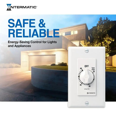 60-Minute Spring Wound Timer For Lights And Appliances White energy saving control in front of a modern house background