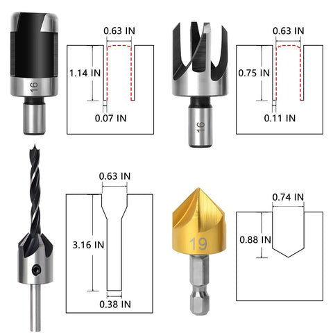 Various chamfer countersink bits from Heavy Duty 23 Piece Woodworking Drill Set Featuring Kickass Chamfer Countersink Bits And Wood Plug Cutters Crafted From High Speed Steel That Works Like A Charm For Every Weekend Warrior Shop Project.