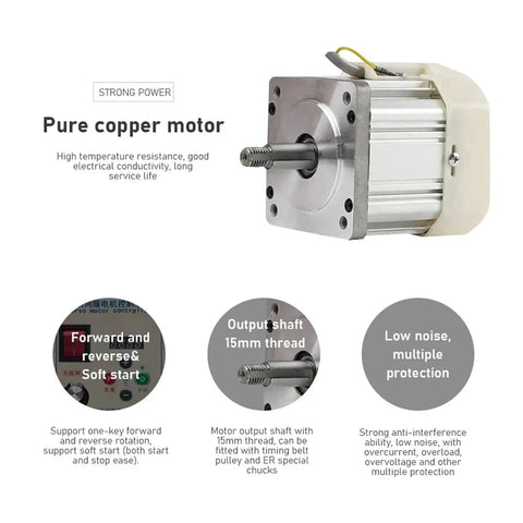 Close-up of a brushless servo motor kit with copper motor and output shaft for sewing machines and lathes