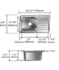 Drop In Kitchen Sink 29.5 Inch Long 17.7 Inch Wide 7.5 Inch Deep 11 Gauge 304 Stainless Steel Undermount Single Bowl With Built In Heavy Duty Workstation Top Mount Basin Includes Basket Strainer And One Faucet Hole with dimensions