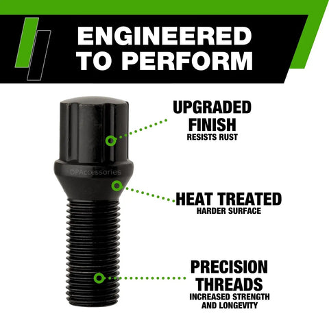Black M14x1.50 Lug Bolts For Aftermarket Wheels Spline Bolts 27mm Shank 53mm Overall Length Set Of 20 Narrow Conical Seat 60 Degree