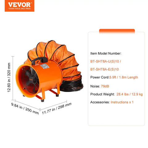 Air Mover Blower 8 Inch With 1070 CFM, 195W Portable Industrial Workhorse Ventilator, ETL Certified, with flexible duct extended